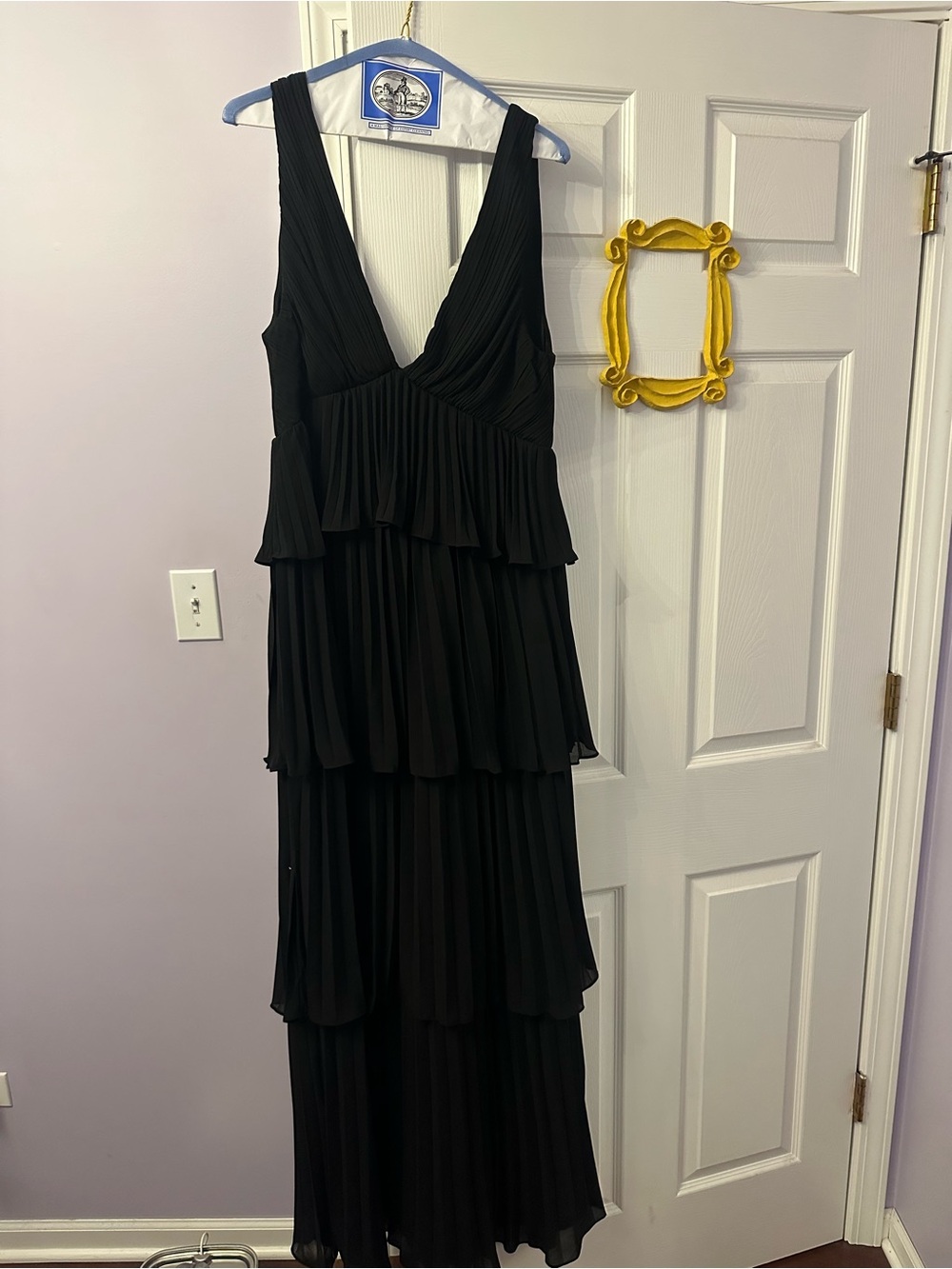 Lulu’s Mesmerizing Essence Black Pleated Backless Tiered Maxi Dress